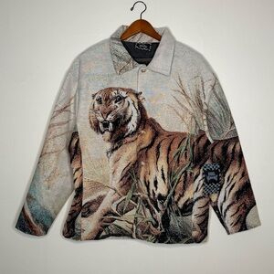 Rebel Vengeance Tiger Woven Tapestry Button Down Jacket Shirt Medium